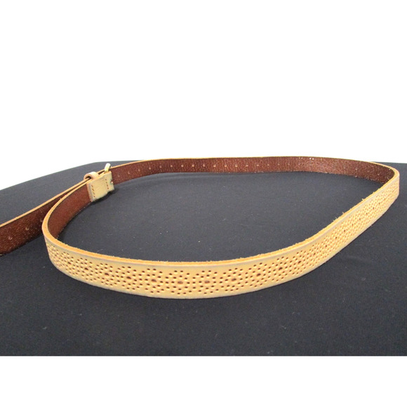 J Crew Beige Tan Perforated Leather Brass Buckle Belt Women Sz L, 34"-38" - Picture 4 of 9